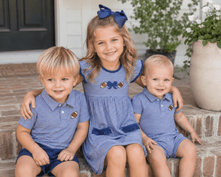 Itsy Bitsy Royal Blue Stripe Football and Bow Dress-Girls Dresses-Simply Blessed Children's Boutique