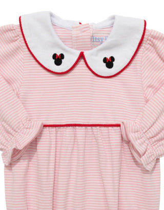 Close up of Itsy Bitsy pink and white striped long sleeve bubble with embroidered Minnie Mouse collar and red piping.