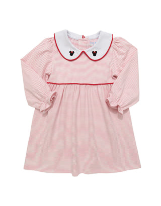 Itsy Bitsy pink and white striped long sleeve dress with embroidered Mickey silhouette, soft cotton knit, and classic Southern-inspired style.