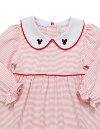 Itsy Bitsy pink and white striped long sleeve dress with embroidered Mickey silhouette, soft cotton knit, and long ruffle sleeves