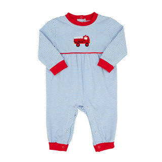 Itsy Bitsy Baby Boys Light Blue Firetruck Romper with Red Trim-Boys One-Piece-Simply Blessed Children's Boutique