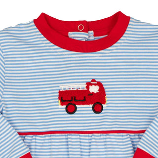 Itsy Bitsy Baby Boys Light Blue Firetruck Romper with Red Trim-Boys One-Piece-Simply Blessed Children's Boutique