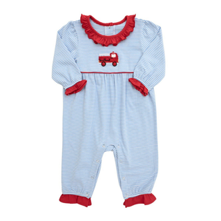Itsy Bitsy Baby Girl Light Blue Firetruck Romper with Red Ruffle Trim-Girls One-Piece-Simply Blessed Children's Boutique