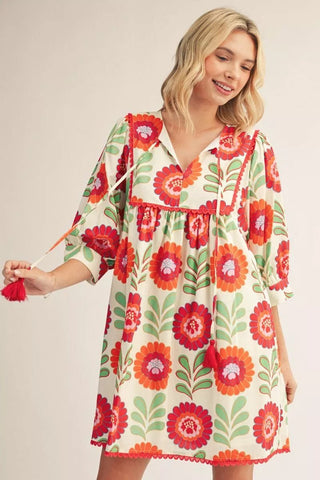 Jodifl 3/4 Sleeve Floral Peasant Dress with Scalloped Trim & Tassel Tie-Women's Dresses-Simply Blessed Children's Boutique