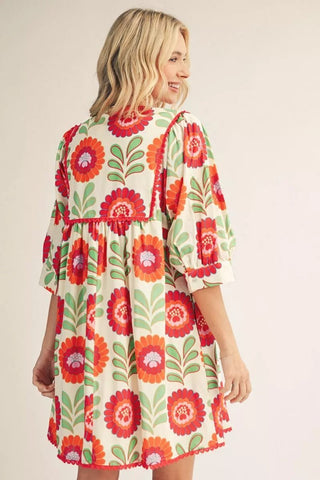 Jodifl 3/4 Sleeve Floral Peasant Dress with Scalloped Trim & Tassel Tie-Women's Dresses-Simply Blessed Children's Boutique