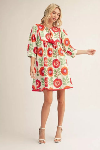 Jodifl 3/4 Sleeve Floral Peasant Dress with Scalloped Trim & Tassel Tie-Women's Dresses-Simply Blessed Children's Boutique