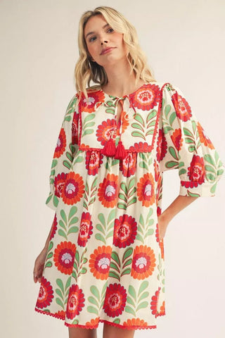 Jodifl 3/4 Sleeve Floral Peasant Dress with Scalloped Trim & Tassel Tie-Women's Dresses-Simply Blessed Children's Boutique