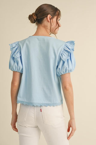 Jodifl Blue Solid Puffed Short Sleeve Top-Women's Tops-Simply Blessed Children's Boutique