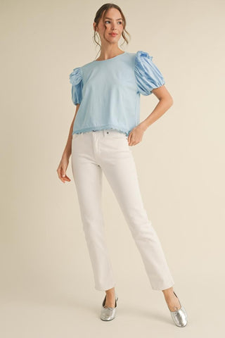 Jodifl Blue Solid Puffed Short Sleeve Top-Women's Tops-Simply Blessed Children's Boutique