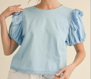 Jodifl Blue Solid Puffed Short Sleeve Top-Women's Tops-Simply Blessed Children's Boutique