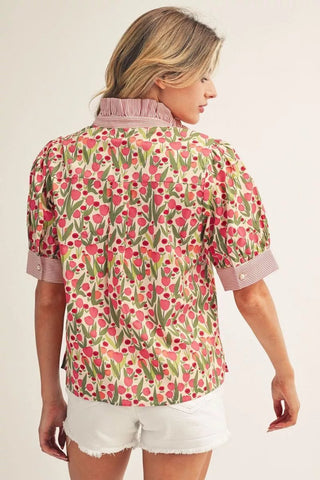 Jodifl Floral Button-Up Puff Sleeve Top with Stripe & Ruffle Neckline-Women's Tops-Simply Blessed Children's Boutique
