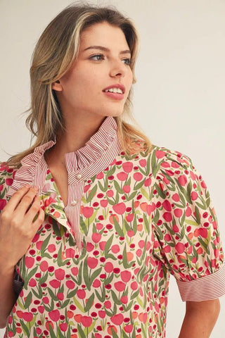 Jodifl Floral Button-Up Puff Sleeve Top with Stripe & Ruffle Neckline-Women's Tops-Simply Blessed Children's Boutique