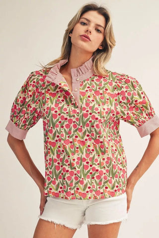 Jodifl Floral Button-Up Puff Sleeve Top with Stripe & Ruffle Neckline-Women's Tops-Simply Blessed Children's Boutique
