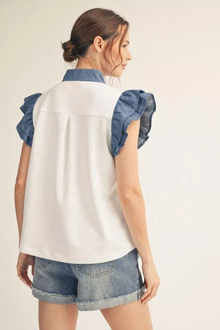 Jodifl Layered Ruffle Sleeve Top with Denim Contrast-Women's Tops-Simply Blessed Children's Boutique