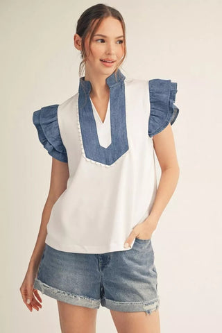 Jodifl Layered Ruffle Sleeve Top with Denim Contrast-Women's Tops-Simply Blessed Children's Boutique