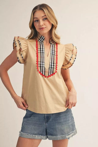 Jodifl Plaid Contrast Layered Cap Sleeve Top – Scalloped Cotton Blouse-Women's Tops-Simply Blessed Children's Boutique