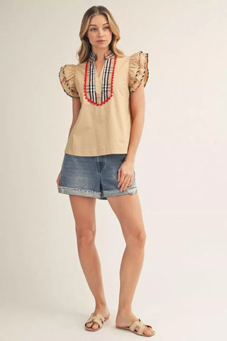 Jodifl Plaid Contrast Layered Cap Sleeve Top – Scalloped Cotton Blouse-Women's Tops-Simply Blessed Children's Boutique
