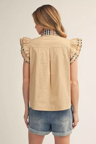 Jodifl Plaid Contrast Layered Cap Sleeve Top – Scalloped Cotton Blouse-Women's Tops-Simply Blessed Children's Boutique