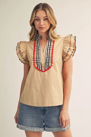Jodifl Plaid Contrast Layered Cap Sleeve Top – Scalloped Cotton Blouse-Women's Tops-Simply Blessed Children's Boutique