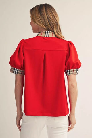 Jodifl Plaid Contrast Puff Sleeve Top – Notched V-Neck Blouse-Women's Tops-Simply Blessed Children's Boutique
