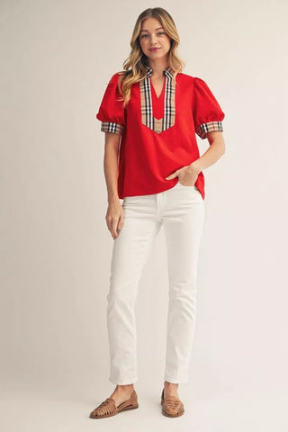 Jodifl Plaid Contrast Puff Sleeve Top – Notched V-Neck Blouse-Women's Tops-Simply Blessed Children's Boutique