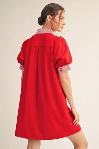 Jodifl Puff Sleeve Shift Dress with Stripe Accent & Side Pockets-Women's Dresses-Simply Blessed Children's Boutique