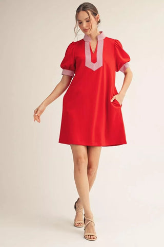 Jodifl Puff Sleeve Shift Dress with Stripe Accent & Side Pockets-Women's Dresses-Simply Blessed Children's Boutique
