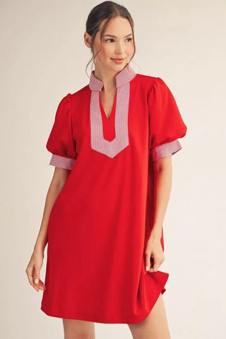 Jodifl Puff Sleeve Shift Dress with Stripe Accent & Side Pockets-Women's Dresses-Simply Blessed Children's Boutique