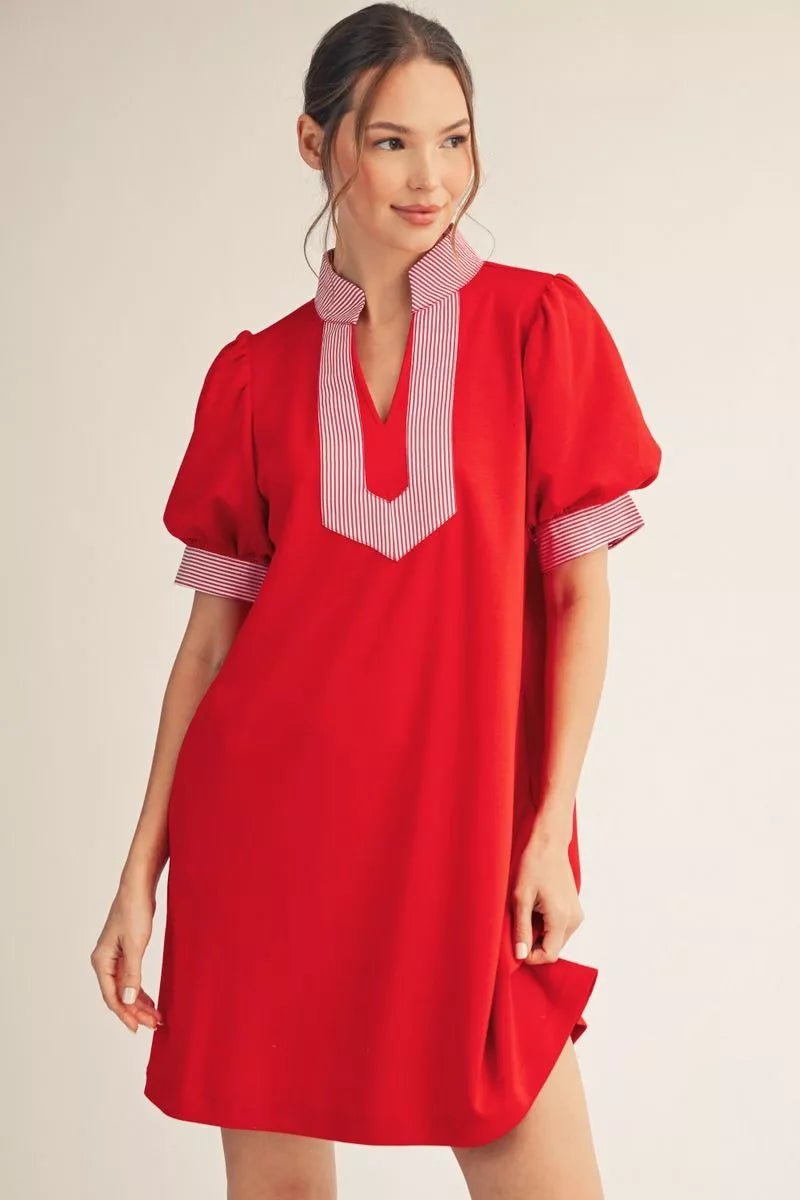 Jodifl Puff Sleeve Shift Dress with Stripe Accent & Side Pockets – Simply  Blessed Children's Boutique