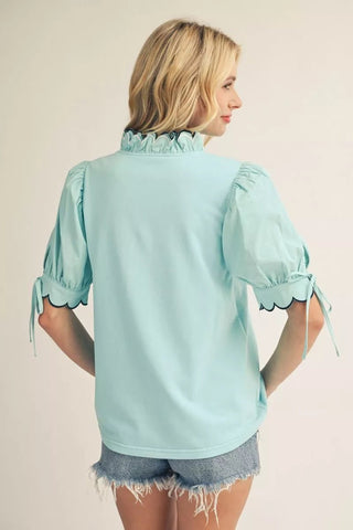 Jodifl Scalloped V-Neck Puff Sleeve Top – Soft Aqua-Women's Tops-Simply Blessed Children's Boutique