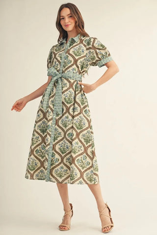 Jodifl Women's Mint Floral Button-Front Midi Dress with Waist Tie-Women's Dresses-Simply Blessed Children's Boutique