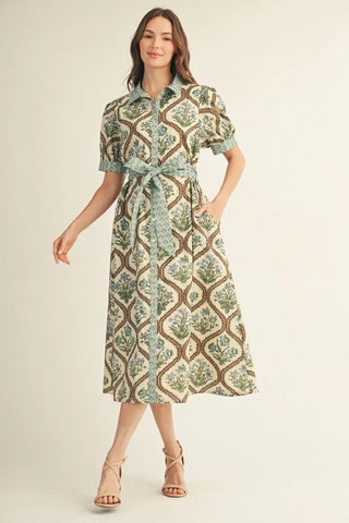Jodifl Women's Mint Floral Button-Front Midi Dress with Waist Tie-Women's Dresses-Simply Blessed Children's Boutique
