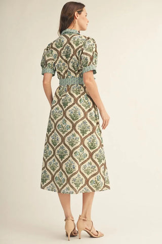 Jodifl Women's Mint Floral Button-Front Midi Dress with Waist Tie-Women's Dresses-Simply Blessed Children's Boutique