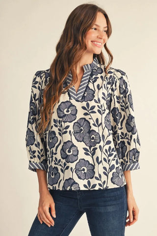 Jodifl Women's Blue Floral Blouse with Ruffled V-Neck-Women's Long Sleeve Shirts-Simply Blessed Children's Boutique