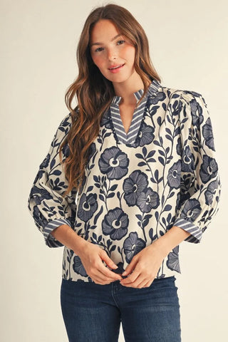 Jodifl Women's Blue Floral Blouse with Ruffled V-Neck-Women's Long Sleeve Shirts-Simply Blessed Children's Boutique
