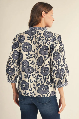 Jodifl Women's Blue Floral Blouse with Ruffled V-Neck-Women's Long Sleeve Shirts-Simply Blessed Children's Boutique