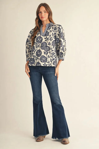 Jodifl Women's Blue Floral Blouse with Ruffled V-Neck-Women's Long Sleeve Shirts-Simply Blessed Children's Boutique