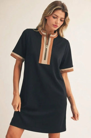 Jodifl Women's Black Short Sleeve Half Zip Dress-Women's Dresses-Simply Blessed Children's Boutique