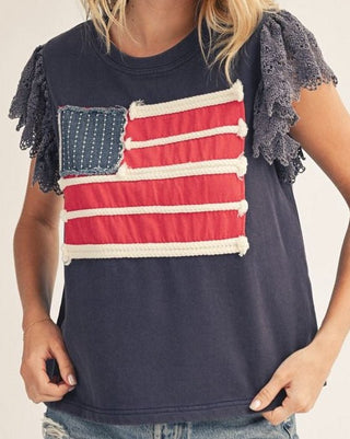 Jodifl Lace Flutter Sleeve Flag Patch Top-Women's Tops-Simply Blessed Children's Boutique