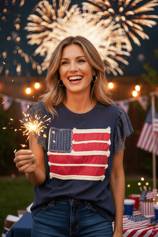 Jodifl Lace Flutter Sleeve Flag Patch Top-Women's Tops-Simply Blessed Children's Boutique
