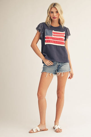 Jodifl Lace Flutter Sleeve Flag Patch Top-Women's Tops-Simply Blessed Children's Boutique