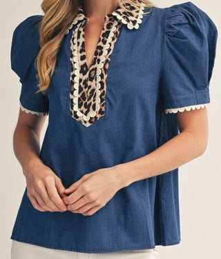 Jodifl Puff Sleeve Denim Top with Leopard Contrast-Women's Short Sleeve Shirt-Simply Blessed Children's Boutique