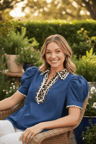 Jodifl Puff Sleeve Denim Top with Leopard Contrast-Women's Short Sleeve Shirt-Simply Blessed Children's Boutique