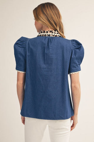 Jodifl Puff Sleeve Denim Top with Leopard Contrast-Women's Short Sleeve Shirt-Simply Blessed Children's Boutique