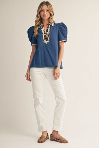 Jodifl Puff Sleeve Denim Top with Leopard Contrast-Women's Short Sleeve Shirt-Simply Blessed Children's Boutique