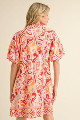 Jodifl Vibrant Boho Print Relaxed Fit Dress with Puff Sleeves-Women's Dresses-Simply Blessed Children's Boutique
