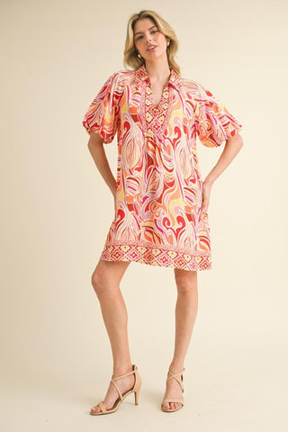 Jodifl Vibrant Boho Print Relaxed Fit Dress with Puff Sleeves-Women's Dresses-Simply Blessed Children's Boutique