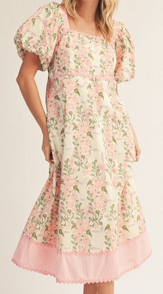 Jodifl Square Neck Midi Floral Dress with Puff Sleeves-Women's Dresses-Simply Blessed Children's Boutique