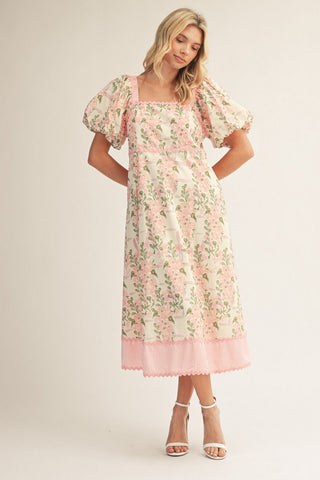 Jodifl Square Neck Midi Floral Dress with Puff Sleeves-Women's Dresses-Simply Blessed Children's Boutique