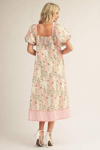 Jodifl Square Neck Midi Floral Dress with Puff Sleeves-Women's Dresses-Simply Blessed Children's Boutique